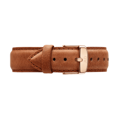 Light brown genuine leather watch strap for the Classic Durham Rose Gold, featuring a rose gold buckle engraved with the Daniel Wellington logo.