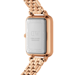 Close-up of the Quadro Lumine 5 Link Melrose White MoP Rose Gold watch showing the engraved stainless steel case back, rose gold finish, and five-link bracelet.