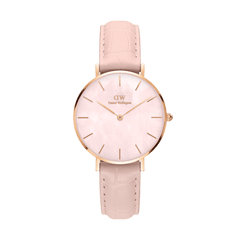 Petite Rouge Rose Gold women’s watch with pink mother-of-pearl dial and pastel nude croc-pattern leather strap.