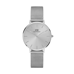 Petite Unitone Silver women’s watch with minimalist silver dial and mesh strap, polished stainless steel, Daniel Wellington.