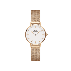Petite Pressed Melrose women’s watch with rose gold mesh strap, eggshell white dial, and minimalist rose gold markers.