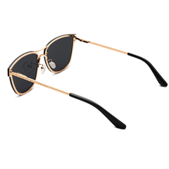 Ambler Steel Rose Gold sunglasses with rose gold plated stainless steel frames, black lenses, adjustable silicone nose pads, and black acetate temple tips, shown from a rear angle.