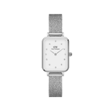Quadro Lumine Pressed Sterling women’s watch with silver mesh bracelet, rectangular case, and crystal index eggshell dial.