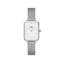 Quadro Lumine Pressed Sterling women’s watch with silver mesh bracelet, rectangular case, and crystal index eggshell dial.