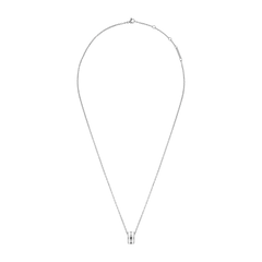 Delicate silver necklace with an adjustable chain and a satin white enamel ring pendant, finished with subtle engraved branding.