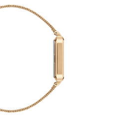 Side profile of Quadro Pressed Unitone Gold watch showing slim gold rectangular case and pressed mesh strap.