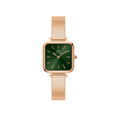 Quadro Studio Emerald Rose Gold watch featuring a square rose gold case, emerald green dial, minimalist hour markers, and a polished rose gold link strap.