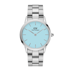 Daniel Wellington Iconic Link Capri Silver women’s watch with pastel blue dial and polished stainless steel link bracelet.