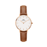 Petite Durham Rose Gold watch featuring a slim rose gold case, minimalist white dial, and a light brown leather strap with visible stitching.