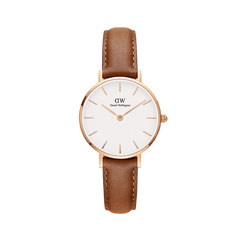 Petite Durham Rose Gold watch featuring a slim rose gold case, minimalist white dial, and a light brown leather strap with visible stitching.