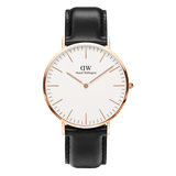 Daniel Wellington Classic Sheffield Rose Gold watch with black leather strap, minimalist white dial, and slim rose gold case.