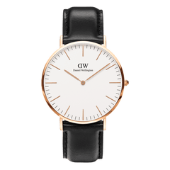 Daniel Wellington Classic Sheffield Rose Gold watch with black leather strap, minimalist white dial, and slim rose gold case.