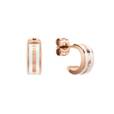 Rose gold hoop earrings with a satin white enamel inlay, featuring the Daniel Wellington logo engraved along the edge and a secure butterfly back fastening.