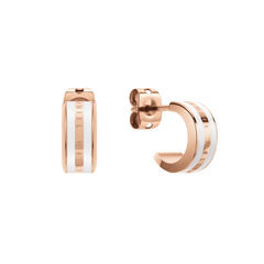 Rose gold hoop earrings with a satin white enamel inlay, featuring the Daniel Wellington logo engraved along the edge and a secure butterfly back fastening.