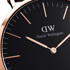 Close-up of the Classic Reading Black Rose Gold watch face, highlighting the black dial with rose gold hands and minimalist hour markers.