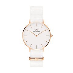 Daniel Wellington Petite Dover Rose Gold watch featuring a slim rose gold case, minimalist white dial, and an adjustable white NATO strap.