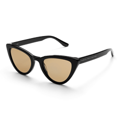 Lynx Bio-Acetate Black / Yellow sunglasses featuring a classic cat eye shape, glossy black frames, yellow nylon lenses, and subtle Daniel Wellington branding on the arms.