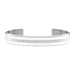 Daniel Wellington Emalie Bracelet featuring polished silver-tone stainless steel, satin white enamel, and an engraved logo in a minimalist open cuff design.