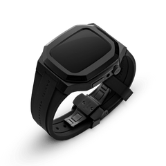 Switch Black Black Daniel Wellington Apple Watch case featuring a matte black stainless steel frame, flexible FKM rubber strap, and secure clasp, styled for a contemporary and refined look.