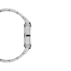 Side profile of Daniel Wellington Iconic Link Silver watch highlighting slim stainless steel case and sculpted link bracelet.