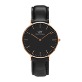 Minimalist Daniel Wellington Classic Sheffield Black Rose Gold watch with a black dial, slim rose gold markers, and a genuine black leather strap.
