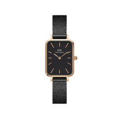 Rectangular women’s watch with a black dial, rose gold case, and black pressed mesh stainless steel strap, featuring minimalist rose gold hour markers and a sleek, modern design.
