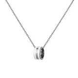 Silver necklace featuring a polished chain and a minimalist ring pendant with satin white enamel and subtle engraved branding.