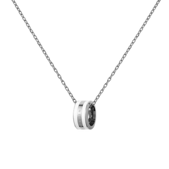 Silver necklace featuring a polished chain and a minimalist ring pendant with satin white enamel and subtle engraved branding.