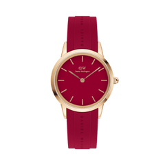 Daniel Wellington Iconic Motion Ruby watch with a 40mm rose gold case, minimalist red dial, and a ruby red FKM rubber strap.
