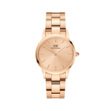 Rose gold Daniel Wellington Iconic Link Unitone women’s watch with minimalist dial and polished stainless steel bracelet.