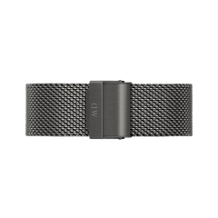 Graphite mesh watch strap with a brushed stainless steel clasp engraved with the Daniel Wellington logo.