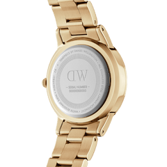 Back view of Daniel Wellington Iconic Link Unitone G gold women’s watch showing engraved stainless steel case and bracelet.