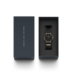 Daniel Wellington Petite Cornwall Rose Gold watch with black NATO strap, presented in an elegant gift box, perfect for her.