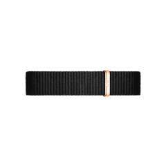 Black woven NATO watch strap with rose gold Daniel Wellington clasp, designed for the Petite Cornwall Rose Gold women’s watch.