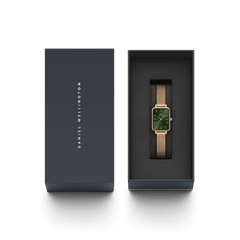 Daniel Wellington Quadro Pressed Melrose Emerald watch with green dial and rose gold mesh strap in gift box packaging.