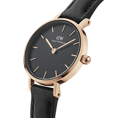 Petite Pressed Sheffield Black Rose Gold watch featuring a slim rose gold case, minimalist black dial, and a genuine black leather strap.