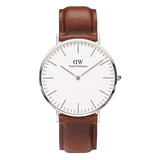 Classic St Mawes watch featuring a round eggshell white dial, slim silver case, and a genuine brown leather strap with minimalist detailing.