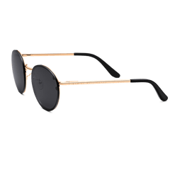 Sleek Arch Steel Black sunglasses with round black nylon lenses, a rose gold-plated stainless steel frame, and black acetate temple tips.