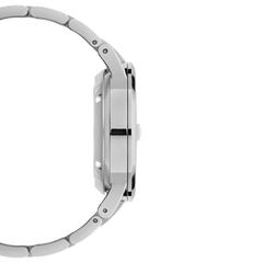 Side profile of the Iconic Link Automatic men’s watch showing the slim stainless steel case and polished silver link bracelet.