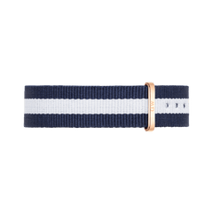 Navy and white striped NATO watch strap with a rose gold buckle, designed for the Classic Glasgow Rose Gold Daniel Wellington watch.