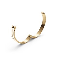 Open Emalie Infinite Gold Satin White bangle showing the gold interior, satin white enamel detailing, and integrated clasp mechanism.