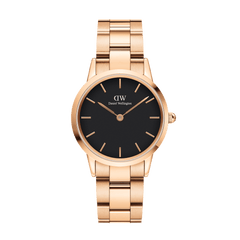 Daniel Wellington Iconic Link Rose Gold watch with black dial and rose gold stainless steel bracelet, classic minimalist style.
