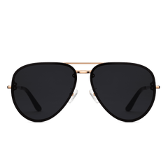 Aviator-style sunglasses with a slim rose gold stainless steel frame and deep black lenses, featuring adjustable nose pads and acetate temple tips.