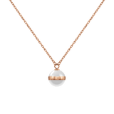 Rose gold necklace featuring an adjustable chain and a satin white ceramic sphere pendant with a rose gold-plated band engraved with the Daniel Wellington logo.