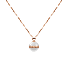 Rose gold necklace featuring an adjustable chain and a satin white ceramic sphere pendant with a rose gold-plated band engraved with the Daniel Wellington logo.