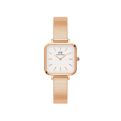 Petite square-faced women’s watch in rose gold with an eggshell white dial and a polished piano link strap.