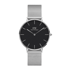 Petite Sterling women’s silver mesh watch with black minimalist dial, slender markers, and polished stainless steel case.