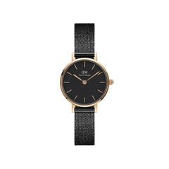Petite Pressed Ashfield watch featuring a slim rose gold case, minimalist black dial, and an elegant black pressed mesh stainless steel strap.