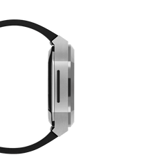 Side profile of the Daniel Wellington Switch Silver Apple Watch case, highlighting the brushed stainless steel geometric design and slim integrated black rubber strap.