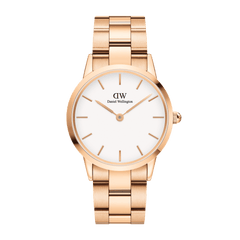 Iconic Link Rose Gold watch by Daniel Wellington with a sleek rose gold stainless steel bracelet and a minimalist white dial featuring gold hour markers.